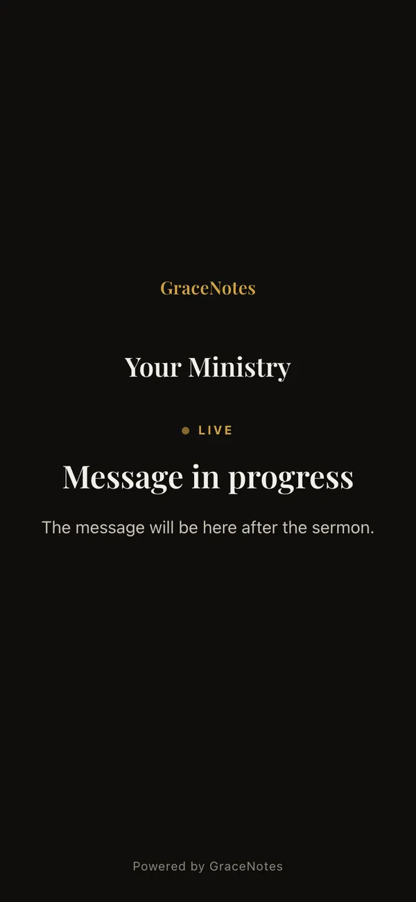 Phone screen during the service: the ministry’s name, a Live indicator and “Message in progress”.